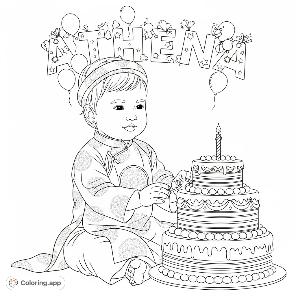 Celebrate Athena's special thôi nôi with this charming coloring page! She's wearing a traditional áo dài, enjoying her birthday cake, with her name in the background.