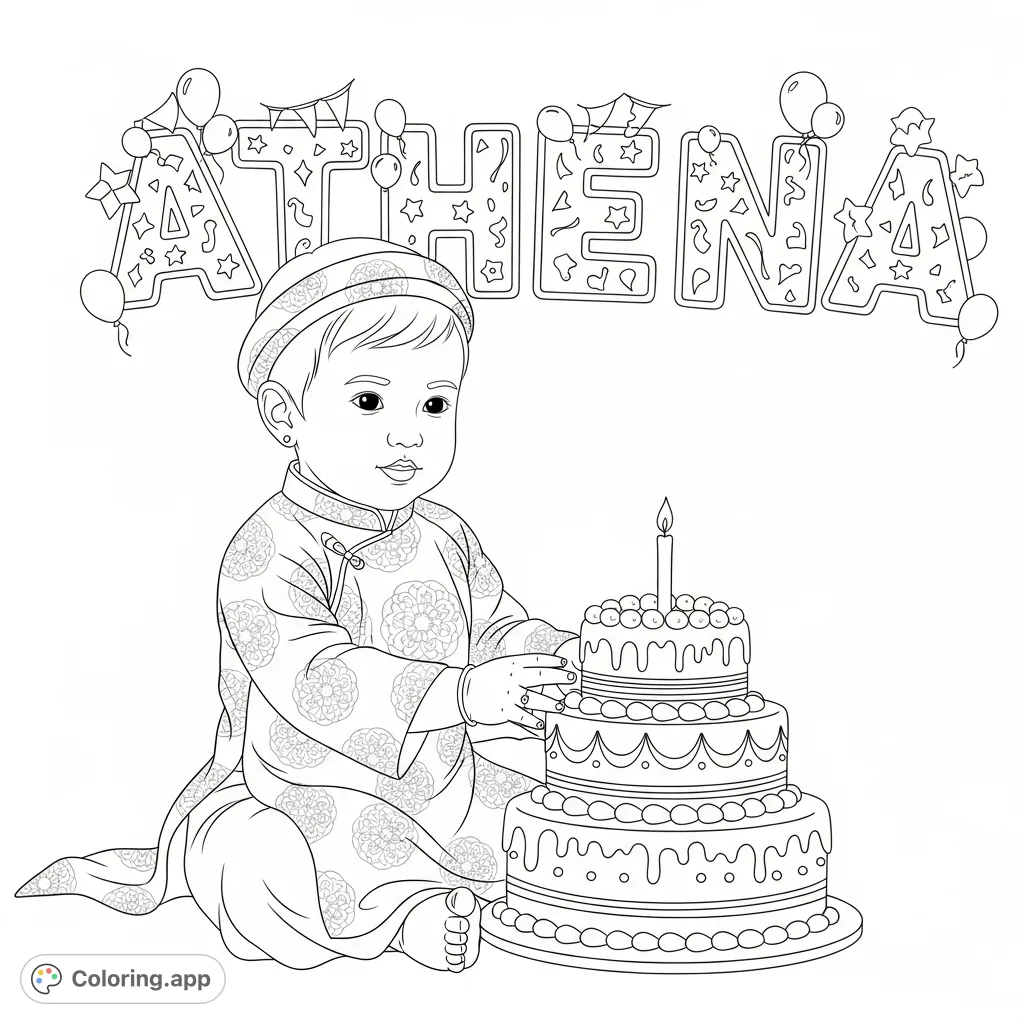 Celebrate Athena's special thôi nôi with this charming coloring page! She's wearing a traditional áo dài, enjoying her birthday cake, with her name in the background.