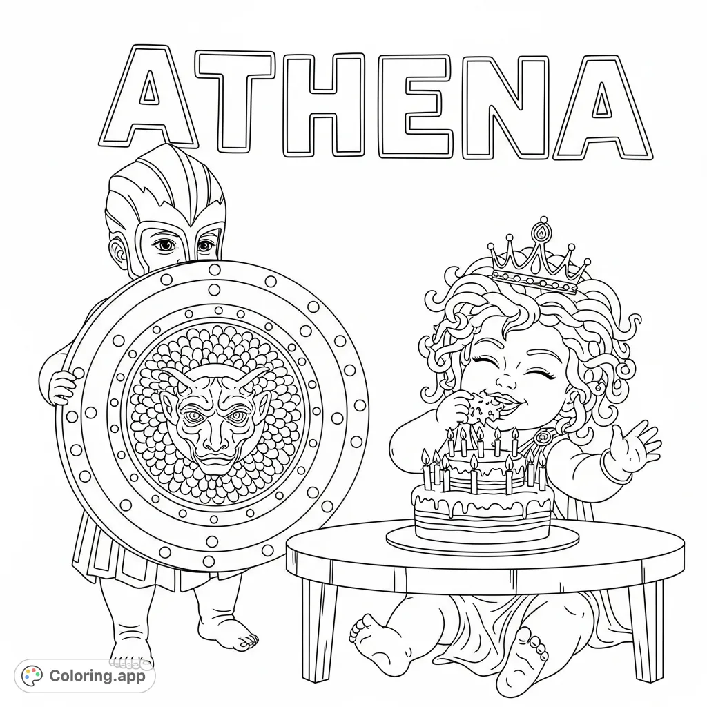 A whimsical scene featuring baby Athena with her Aegis shield and baby Medusa enjoying her first birthday cake, set against a background spelling 'ATHENA'. A unique mythical birthday coloring page.