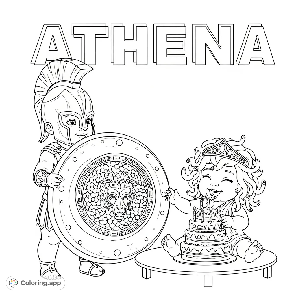 A whimsical scene featuring baby Athena with her Aegis shield and baby Medusa enjoying her first birthday cake, set against a background spelling 'ATHENA'. A unique mythical birthday coloring page.