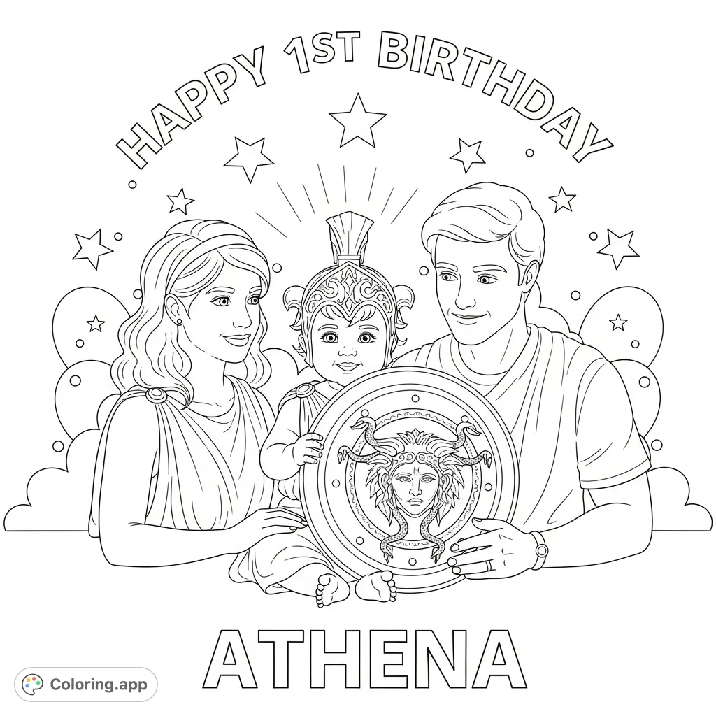 Celebrate baby Athena's 1st birthday! A heartwarming scene with Athena holding her Aegis shield, flanked by her proud parents and festive text.