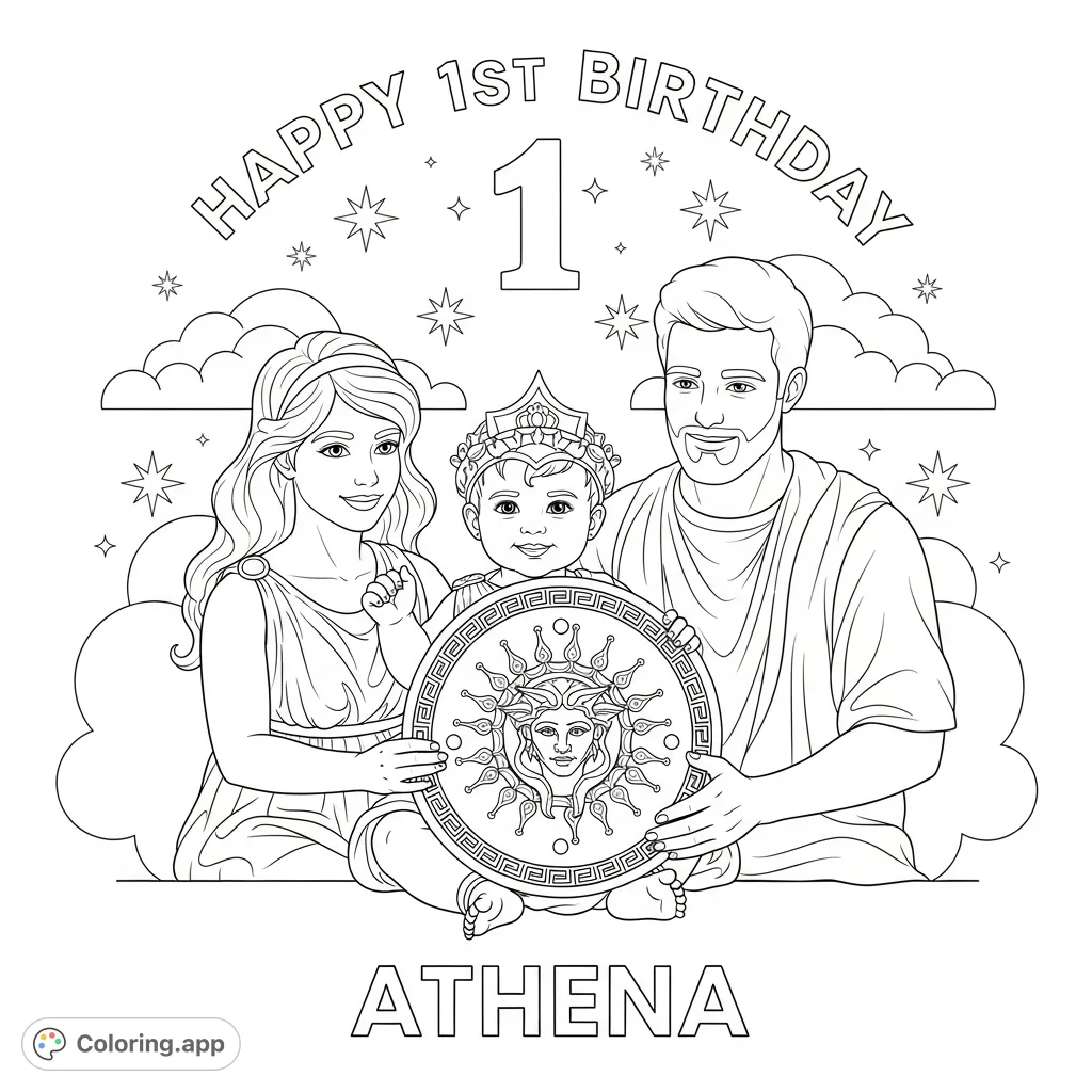 Celebrate baby Athena's 1st birthday! A heartwarming scene with Athena holding her Aegis shield, flanked by her proud parents and festive text.