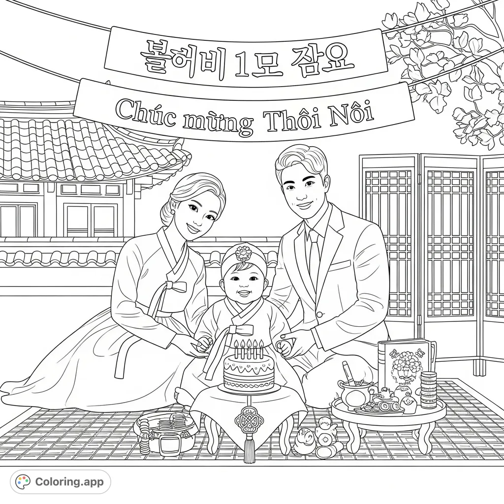 A heartwarming first birthday scene blending Korean and Vietnamese traditions. A baby girl with her parents, featuring hanbok, ao dai, and cultural ceremony items.