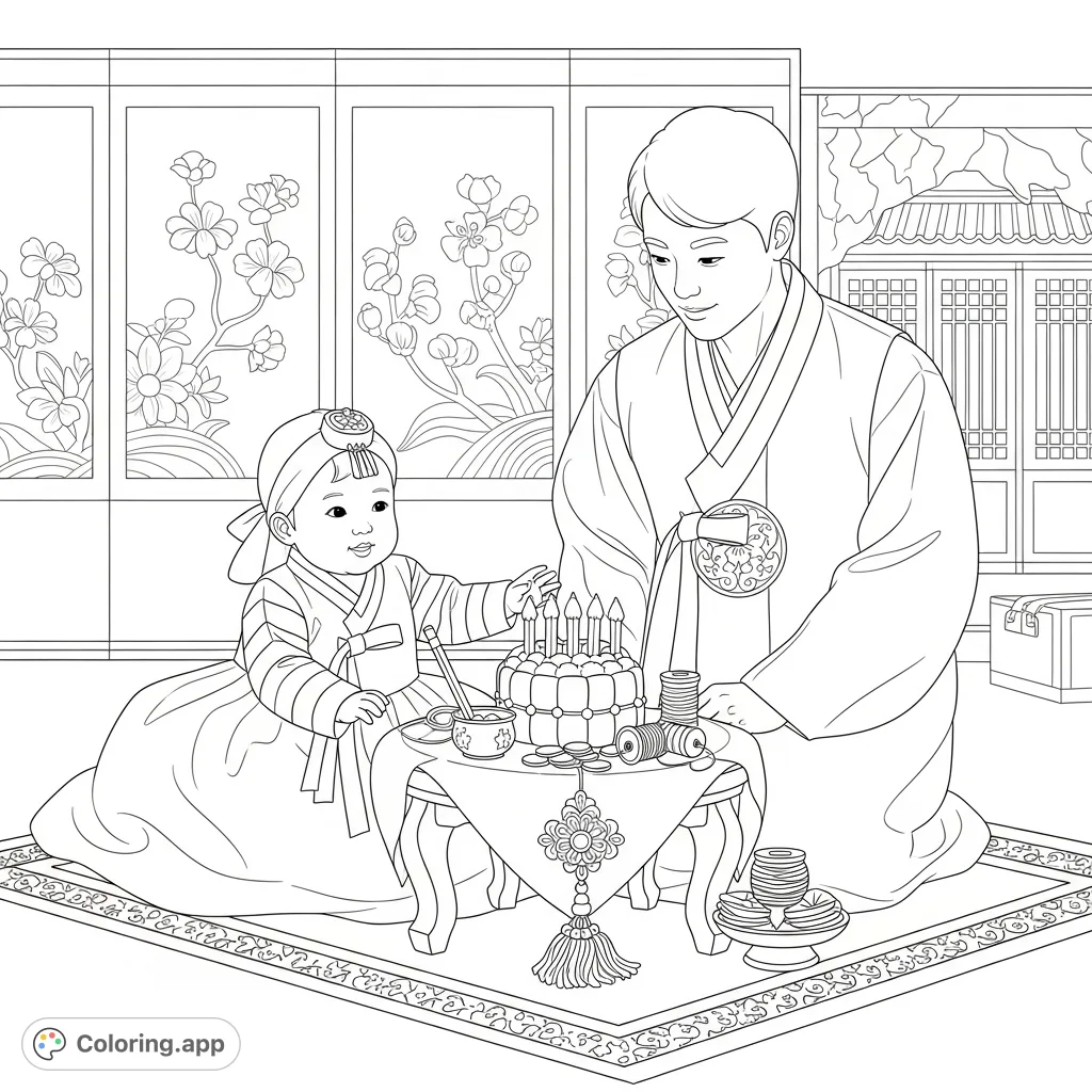 A beautiful Hanbok coloring page featuring a baby girl and her father celebrating her first birthday in a traditional Korean setting. Perfect for cultural exploration.