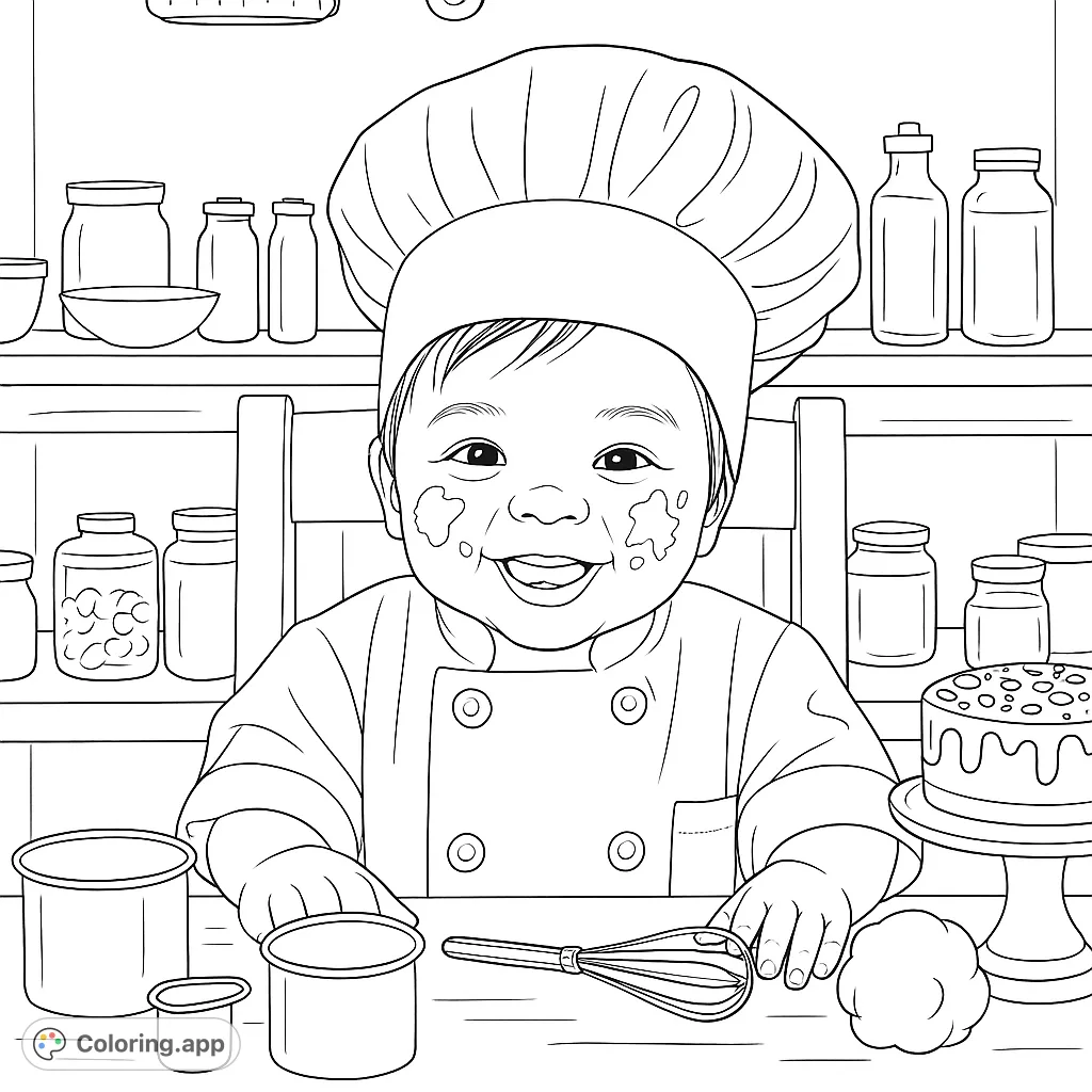A delightful baby chef, covered in flour and smiles, ready for a baking adventure. Features kitchen tools and a sweet cake, perfect for aspiring young cooks.