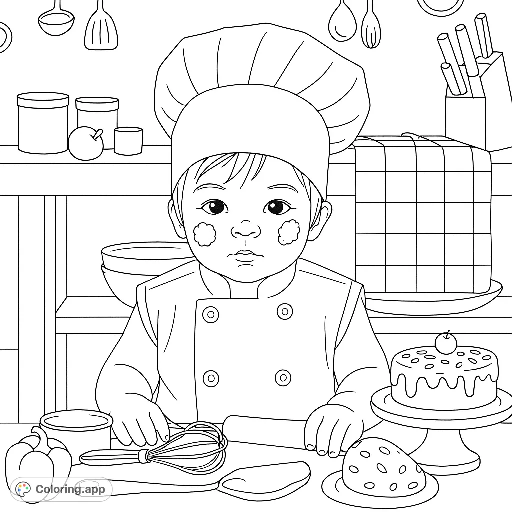 An adorable baby chef, covered in flour, ready to bake with a rolling pin and whisk. A delightful kitchen scene with a decorated cake.