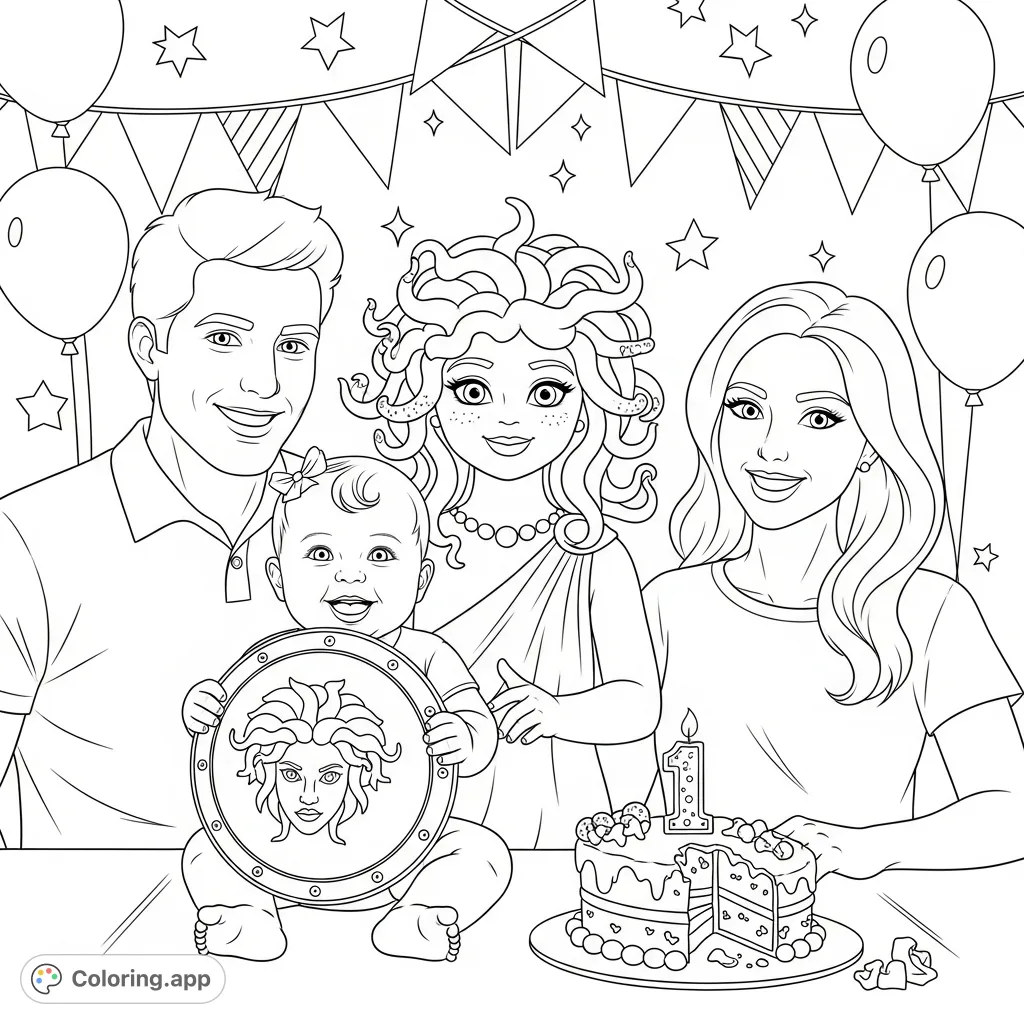 A unique first birthday scene featuring a baby girl holding the Aegis shield, Medusa, and her parents celebrating around a cake. A fun, mythical family moment.