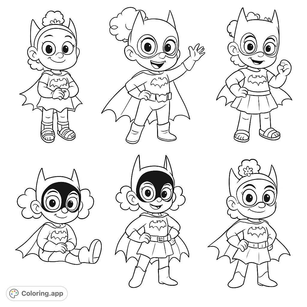 Six adorable Batgirl figures in various poses, ready for a coloring adventure! Perfect for young superhero fans to bring their favorite hero to life.