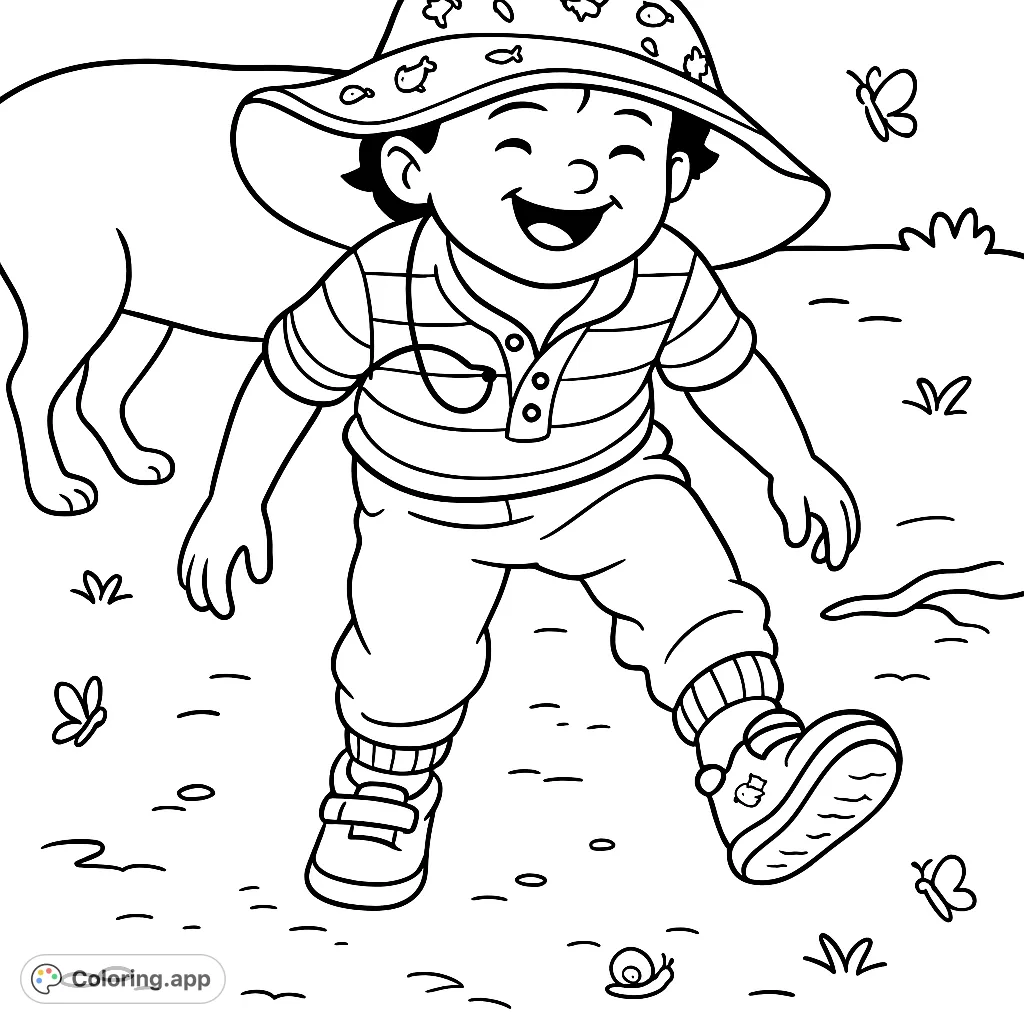 Join a joyful child and their furry friend on an outdoor adventure! This cartoony coloring page features a happy toddler exploring with a dog, perfect for young artists.