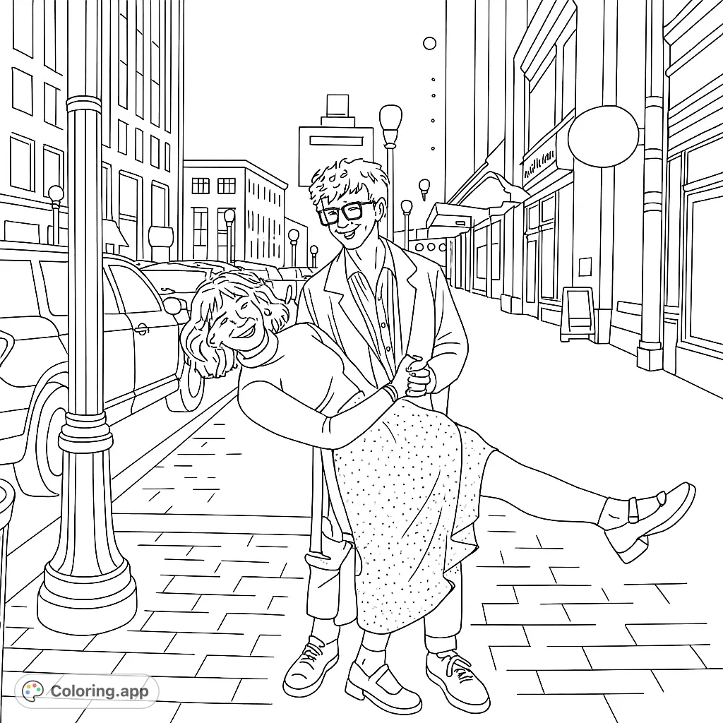 Capture a playful moment between a couple on a bustling city street at night. This urban romance coloring page offers a charming scene to bring to life.