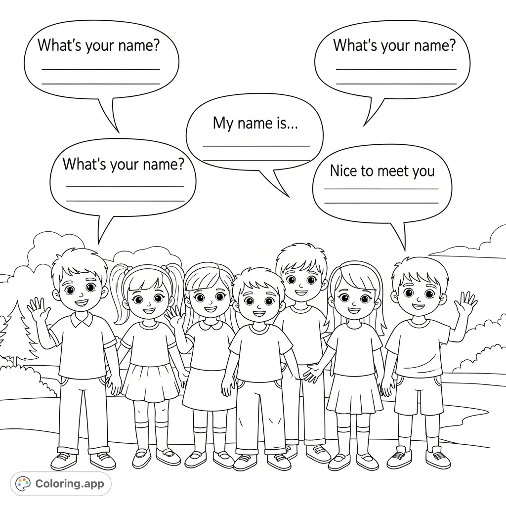 A delightful coloring page featuring six diverse children with speech bubbles for interactive social learning. Perfect for practicing names and greetings!
