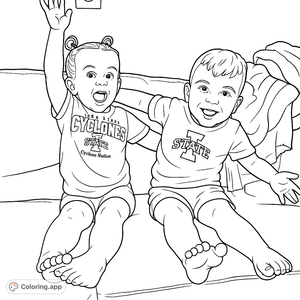 Capture the joyful energy of two children on a sofa, one with an arm raised in excitement, the other with a wide smile. A delightful kids playing coloring page.