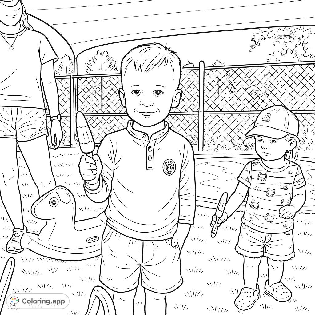 Capture the joy of summer with this delightful coloring page featuring children enjoying frozen treats outdoors. Perfect for a sunny day activity!