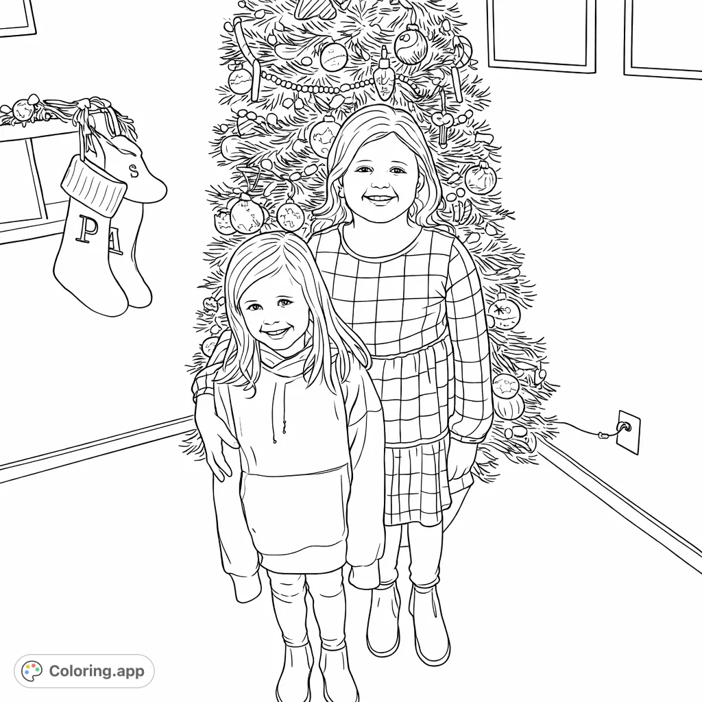 Two smiling girls stand before a festive, ornament-laden tree, with patterned stockings on a nearby shelf. A joyful holiday scene to color.