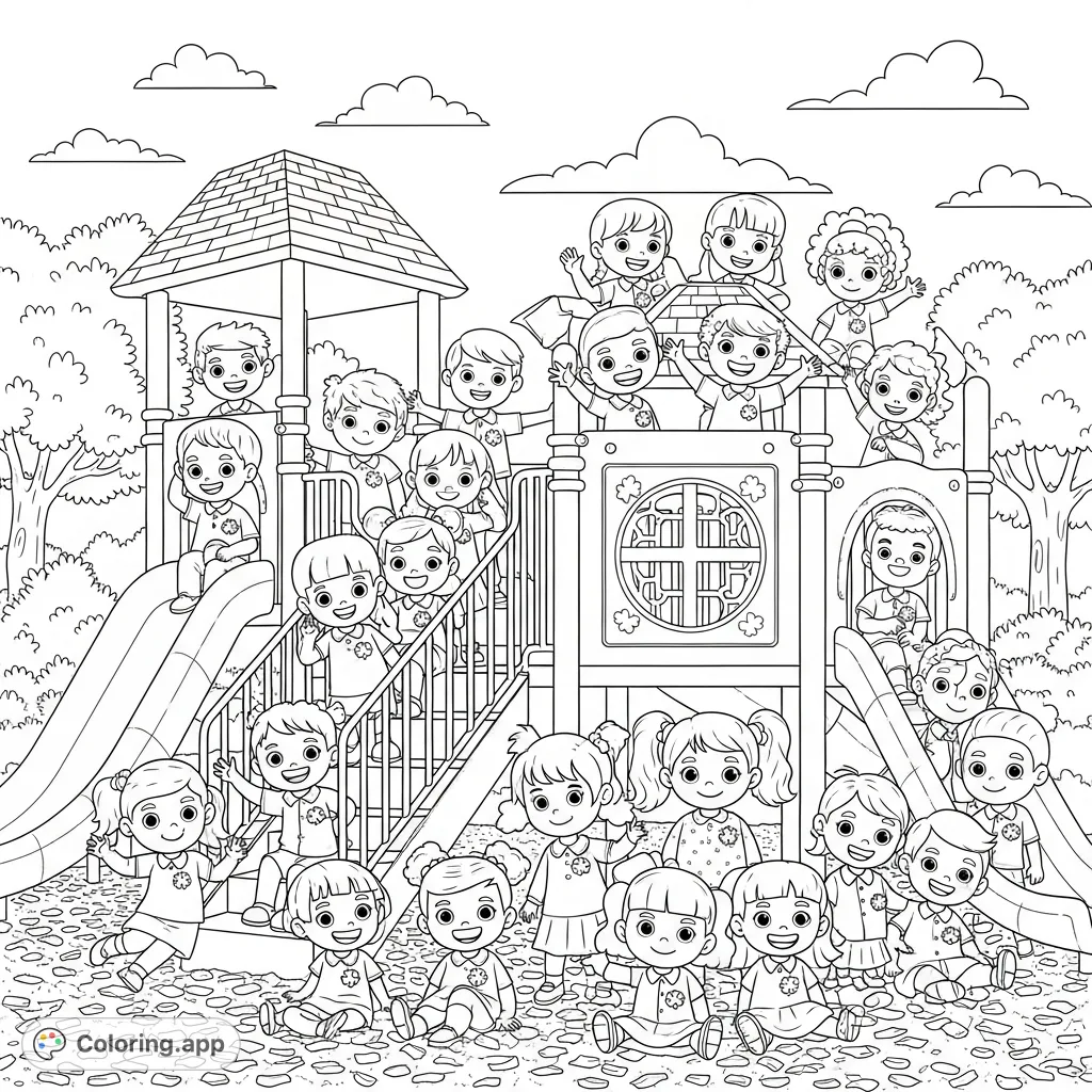 A joyful playground scene featuring a diverse group of children in uniforms, exploring slides and structures. Perfect for a fun and detailed coloring experience.