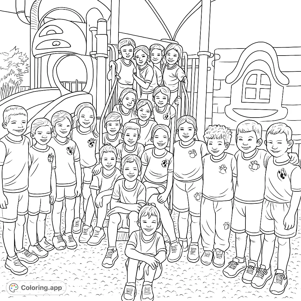 A joyful group of children posing on a playground, ready for a fun coloring adventure. This free printable coloring page is perfect for young artists and families.