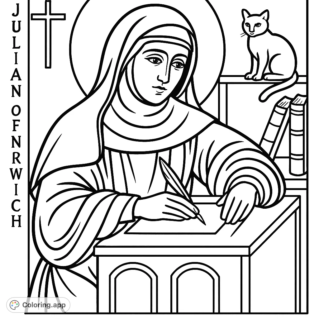 A serene depiction of a woman in religious habit, seated at a desk, writing with a quill, surrounded by symbolic elements and a watchful feline.