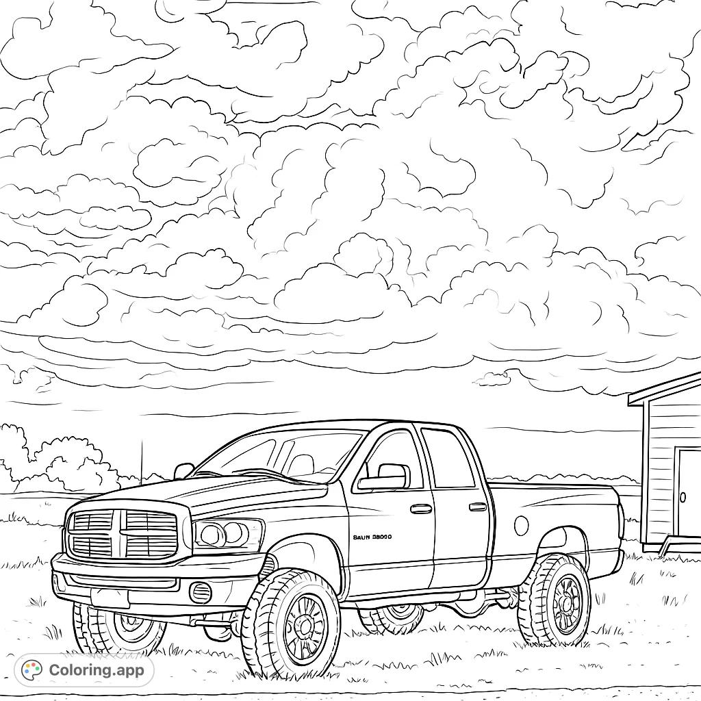 Color a powerful pickup truck with off-road tires in a scenic outdoor setting. Perfect for vehicle enthusiasts to customize with unique designs.