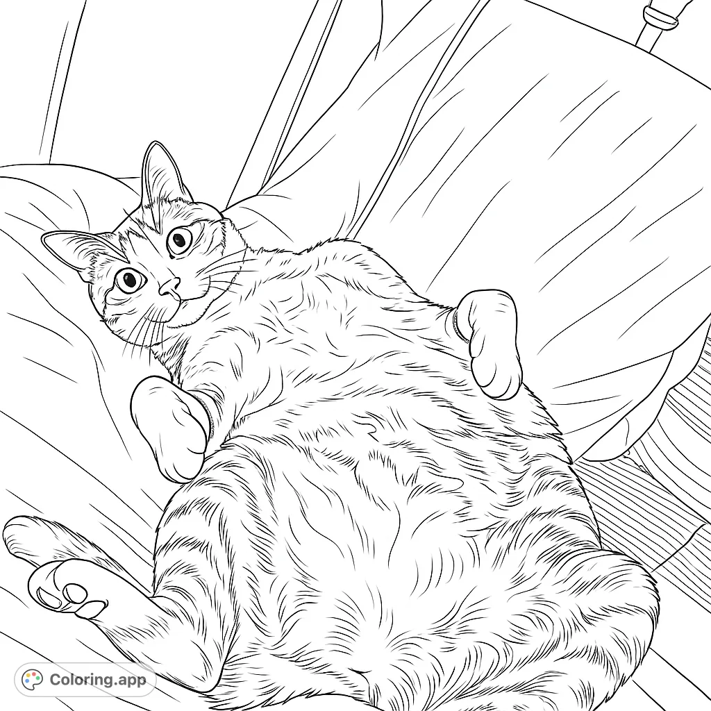 A charming coloring page featuring a domestic cat playfully lounging on its back, paws curled up, inviting a cozy coloring experience for all ages.