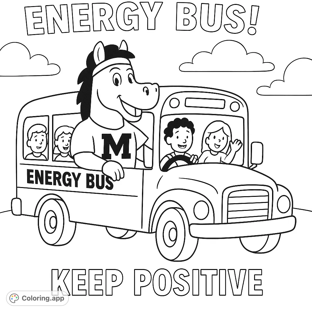 Join a friendly horse mascot and happy children on an exciting school bus adventure! A fun and positive scene perfect for young colorists.