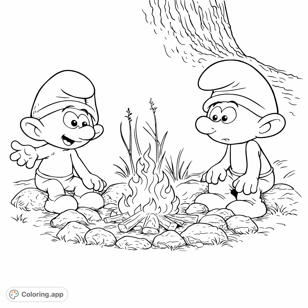 Join two whimsical figures around a crackling campfire in a serene forest setting. A delightful scene for creative expression and imagining cozy outdoor adventures.