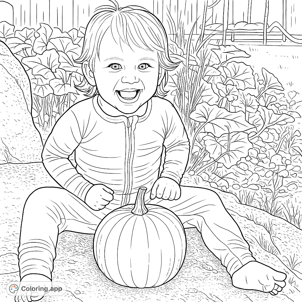 A joyful child sits with a pumpkin, ready for autumn fun. This charming coloring page captures a sweet moment, perfect for seasonal creativity.