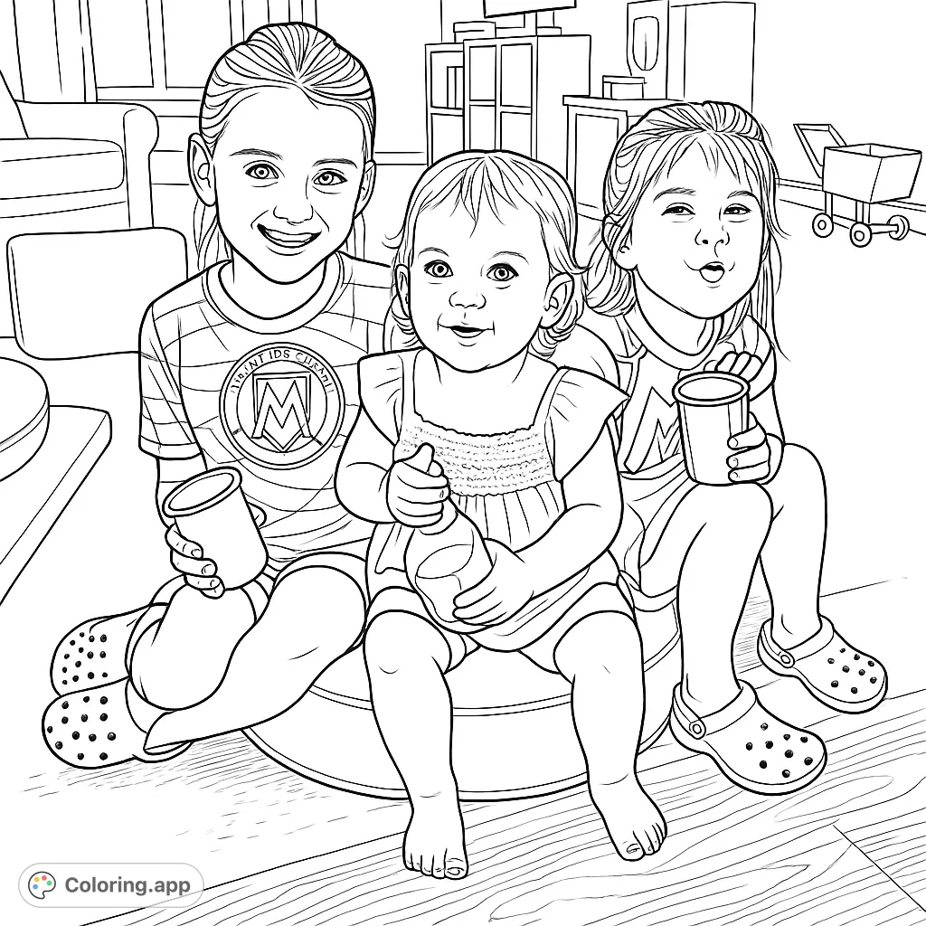 Capture the joy of three children playing indoors, with happy expressions and fun details. A delightful children playing coloring page for all ages.