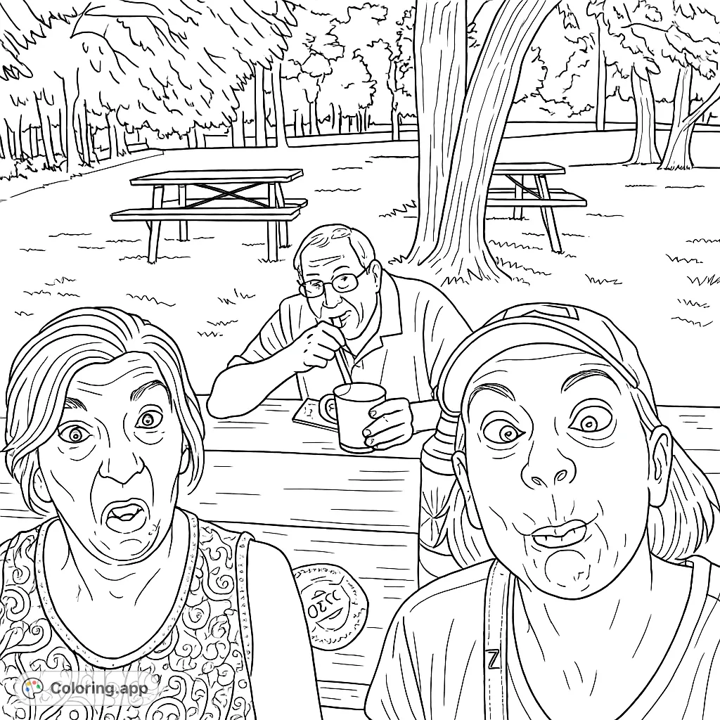 Capture the joy of an outdoor picnic with friends making hilarious faces. This fun coloring page features three people at a table amidst trees, perfect for a lighthearted coloring session.