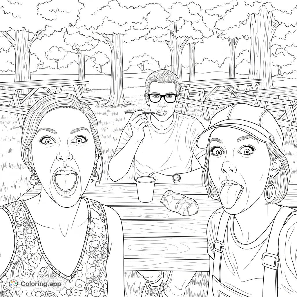 Capture a lively outdoor picnic scene with three individuals making funny faces at a wooden table. Perfect for a lighthearted coloring experience.
