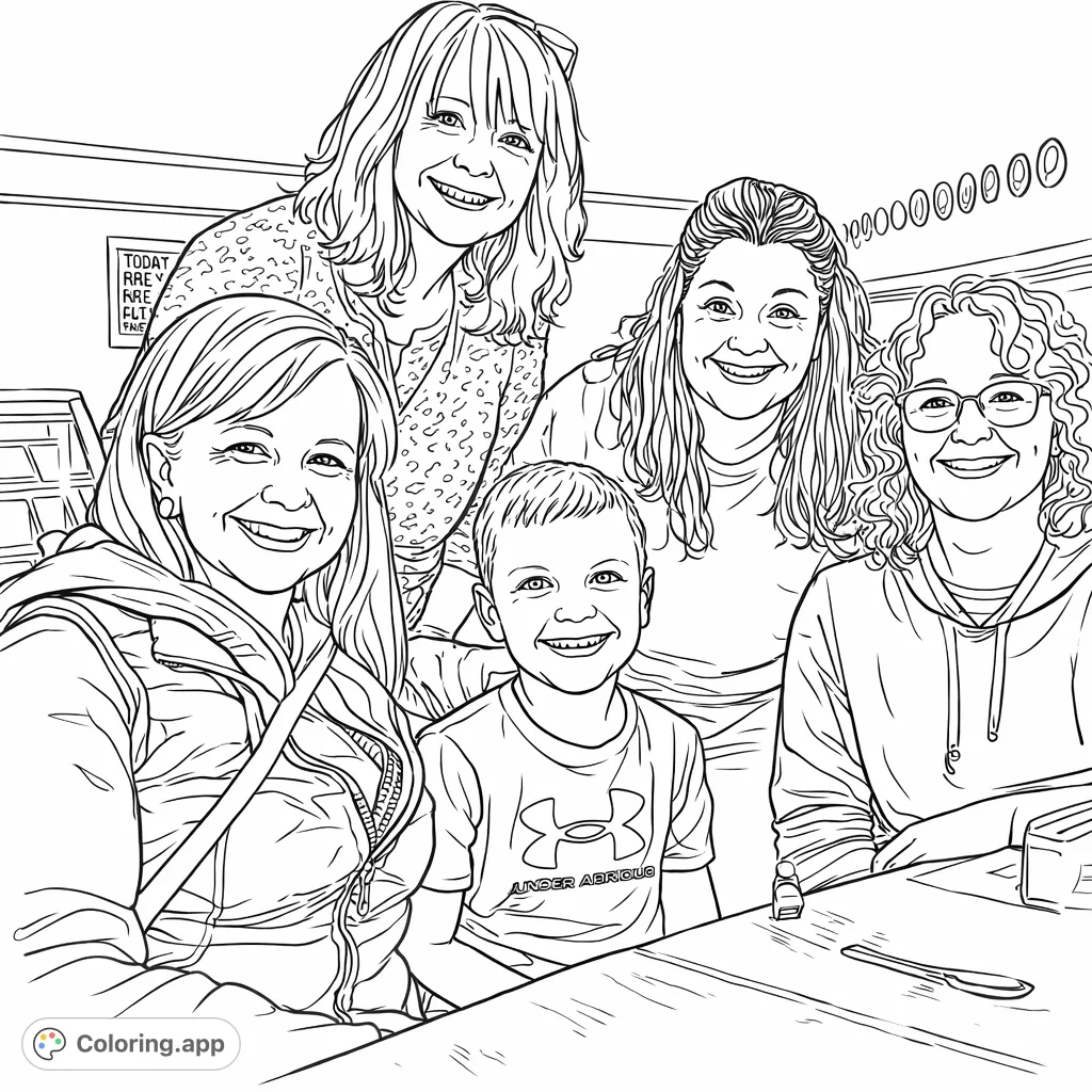 Capture joy with this heartwarming group portrait coloring page. Five smiling individuals, including a young boy, gather at a table, ready for your creative touch.