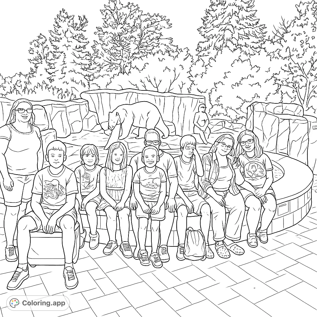 Capture a memorable zoo adventure with this family group coloring page. Features people, polar bears, and a seal by a fountain.