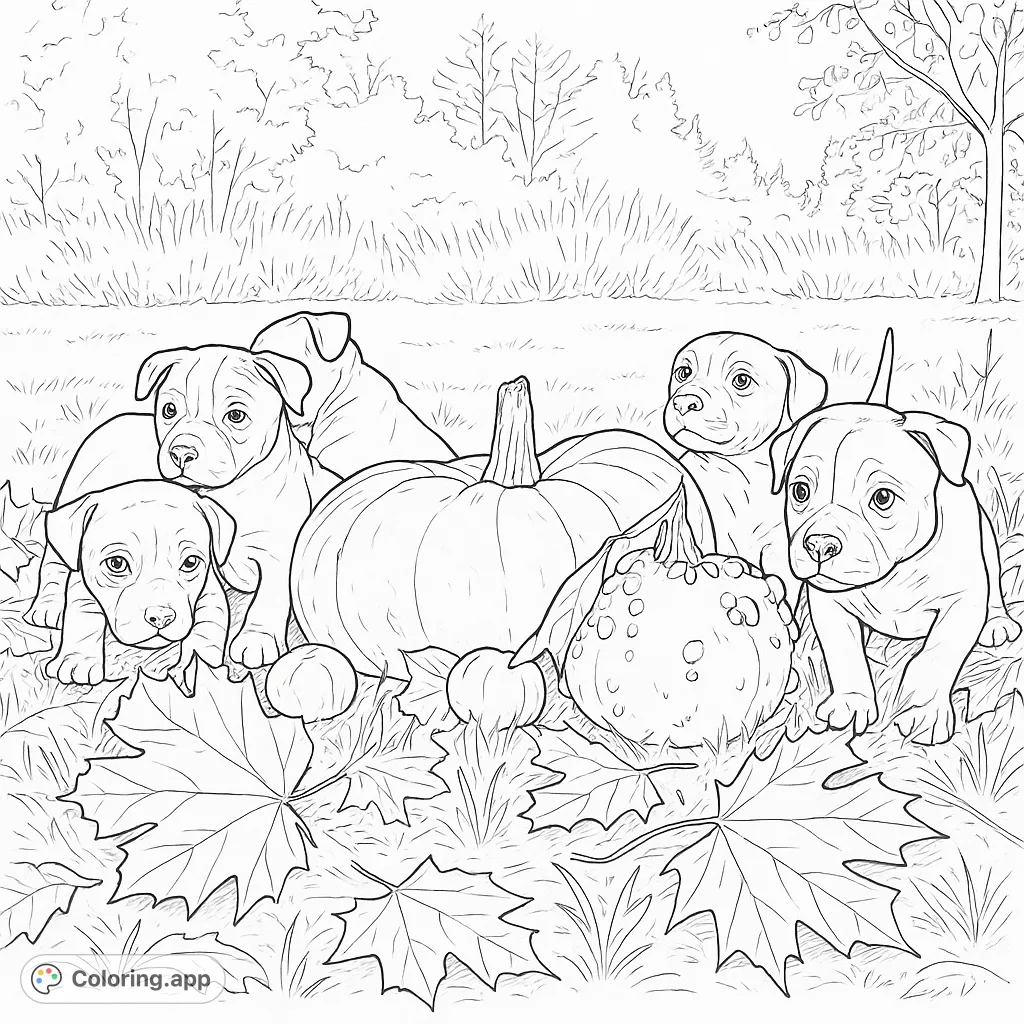 Adorable puppies explore a pumpkin patch, surrounded by autumn leaves and gourds. A charming scene perfect for animal lovers and fall enthusiasts.