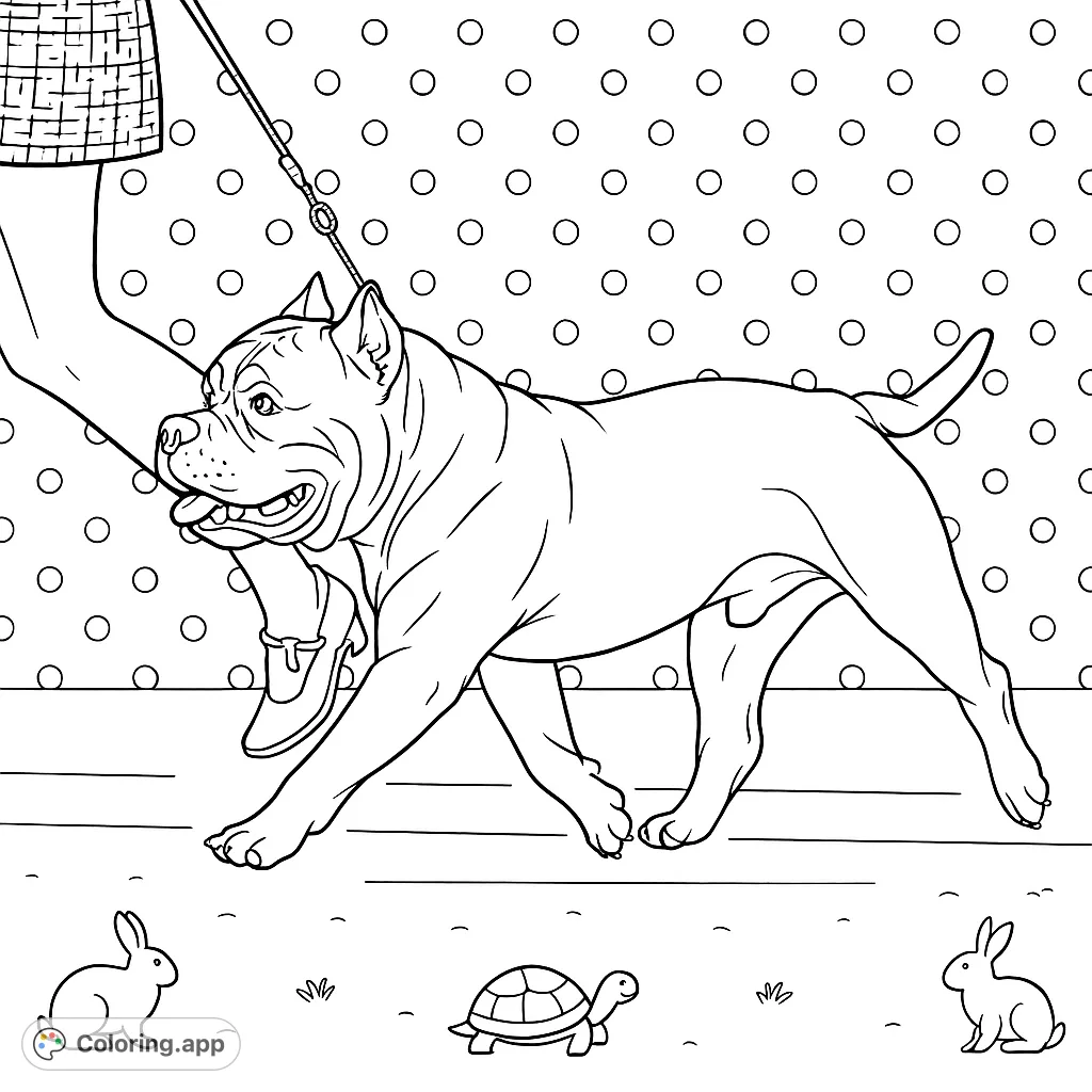 A realistic bully breed dog coloring page, perfect for dog lovers. This free printable coloring page features a muscular dog on a leash, great for kids and adults.