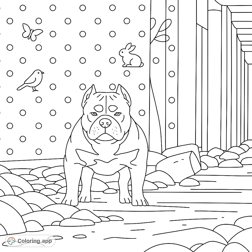 Color a powerful canine portrait featuring a muscular dog under an architectural structure. This free printable coloring page includes animal motifs and polka dots for a unique touch.