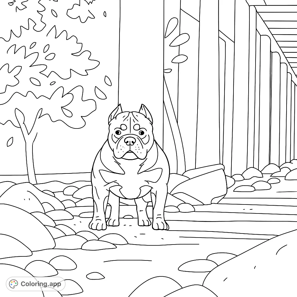 Color a striking portrait of a powerful dog standing confidently amidst a unique blend of natural rocks and architectural pillars. A captivating dog coloring page.