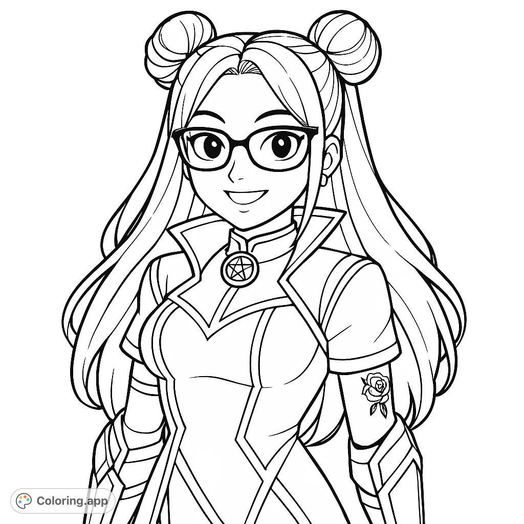 A bold anime character with a unique hairstyle, glasses, and a futuristic outfit featuring geometric patterns and a distinctive arm tattoo.
