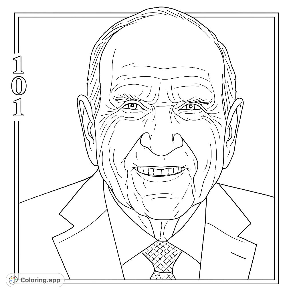 Color a dignified portrait of an older man with a kind smile, wearing a suit and tie, framed by a decorative border and the numbers "101".