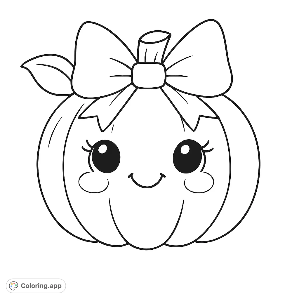 A delightful, smiling pumpkin adorned with a charming bow and a leaf, perfect for a fun and festive coloring experience. Bring this adorable character to life!