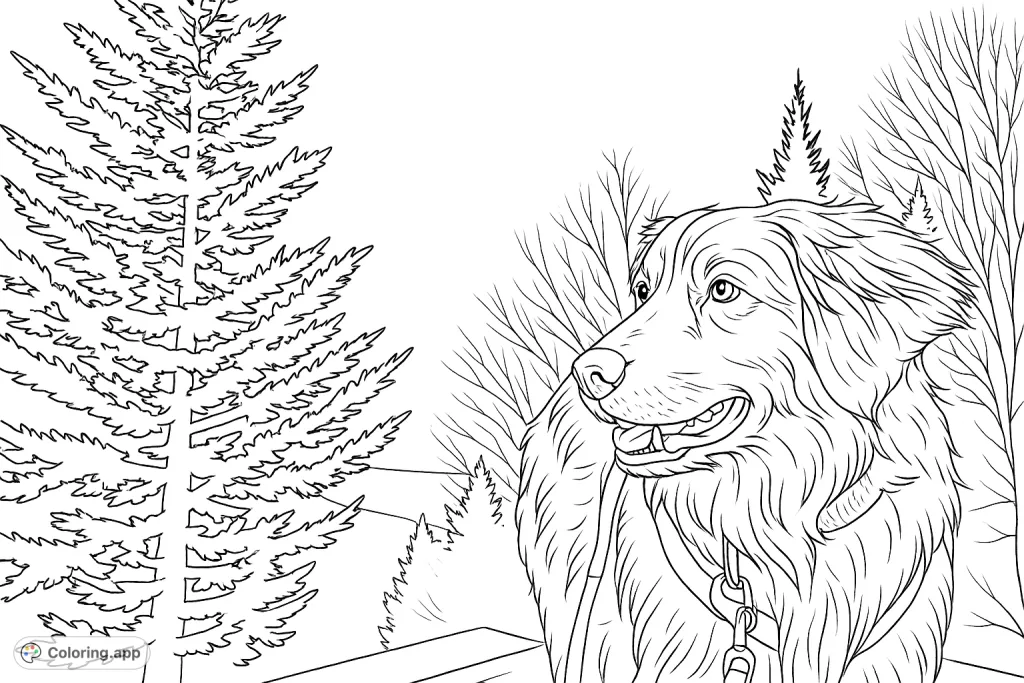 A loyal dog on a mountain adventure, with a detailed background of trees and distant peaks, perfect for nature and animal lovers.