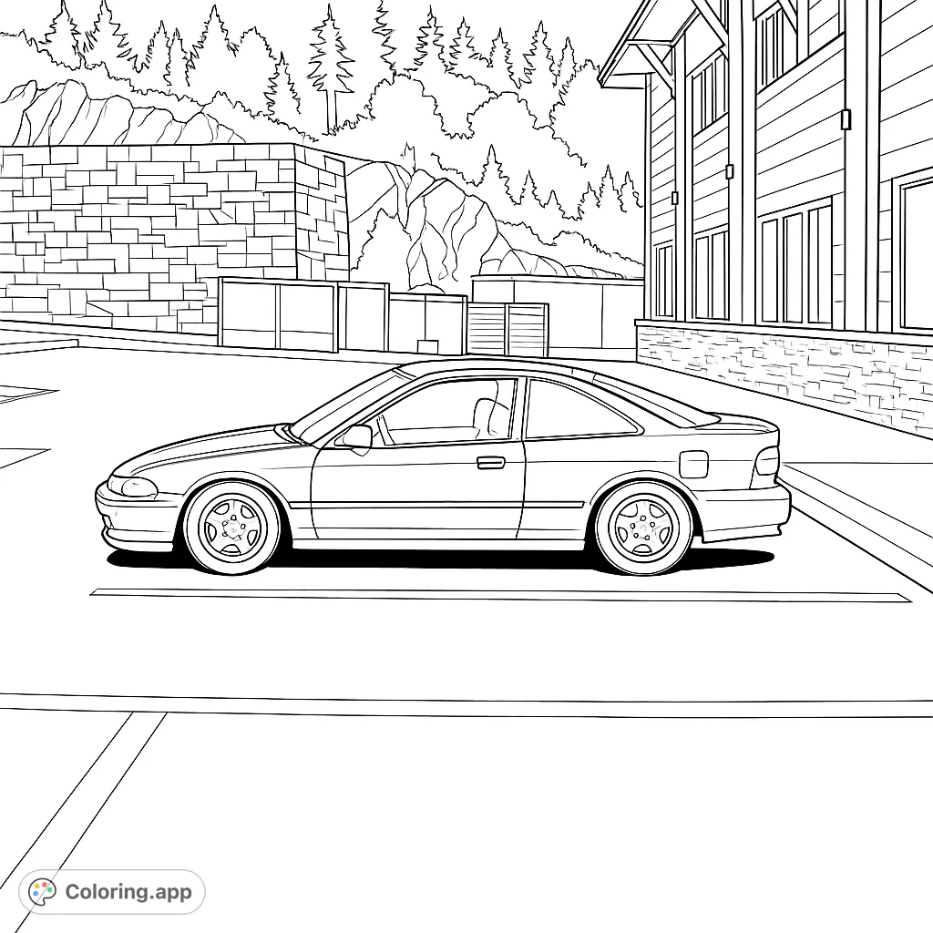 Color a dynamic sports coupe parked in a detailed setting with a modern building, stone wall, and trees. Perfect for car enthusiasts!