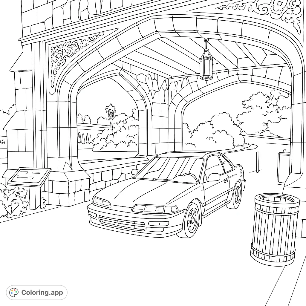 Color a sleek sports car parked beneath a grand, intricately carved stone archway, with a distant street lamp and trees in the background.