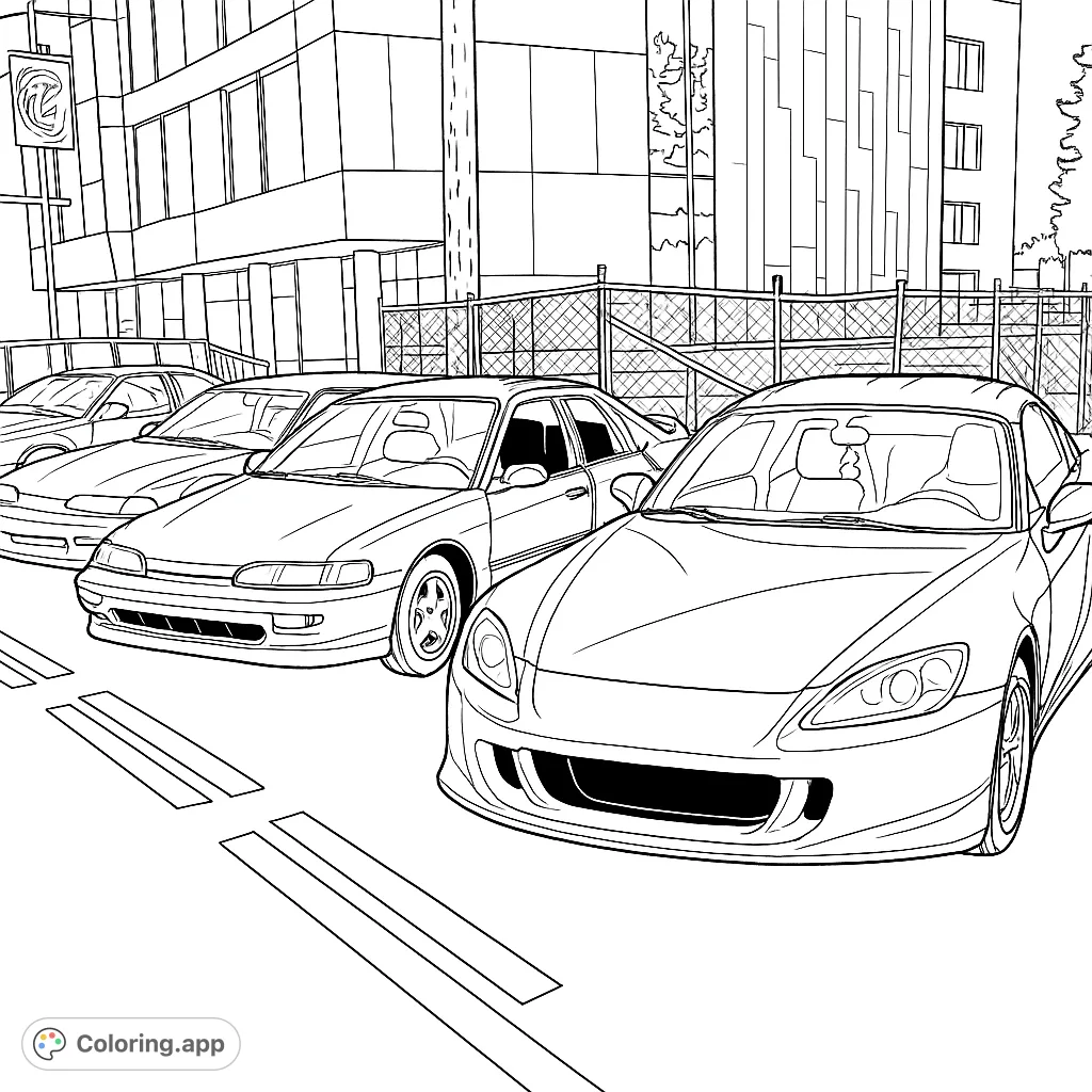 Color a dynamic lineup of four distinct sports cars in an urban setting, featuring modern architecture and intricate vehicle details for enthusiasts.