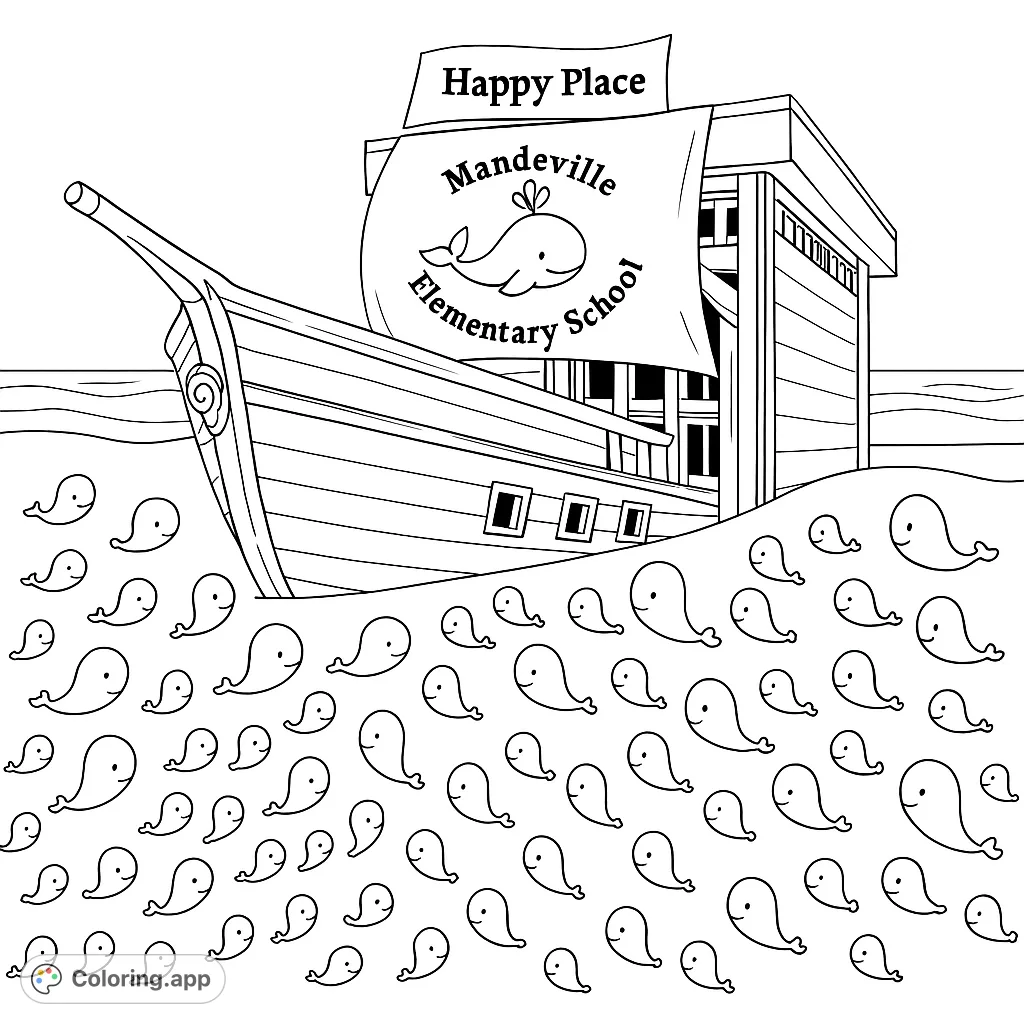 Embark on a delightful journey with a unique school boat sailing amidst a playful pod of marine creatures. A charming scene for all ages!