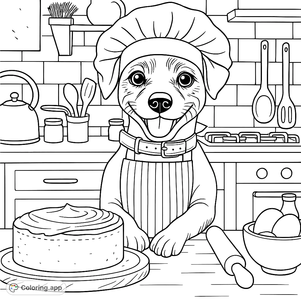 A delightful chef dog ready to bake, complete with a cake, rolling pin, and eggs in a cozy kitchen setting. Perfect for all ages!