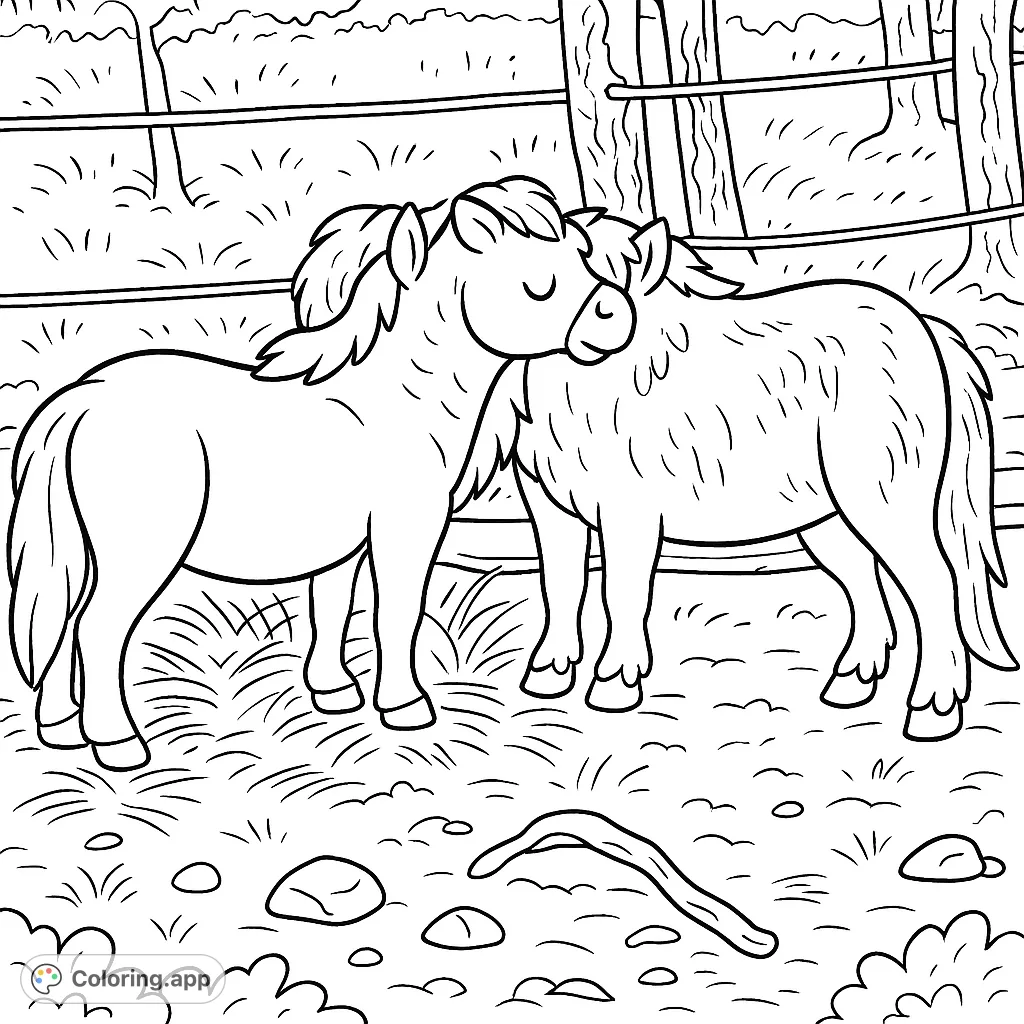 Two adorable ponies share a tender moment, nuzzling each other in a charming outdoor scene. A heartwarming animal friendship coloring page, perfect for all ages.