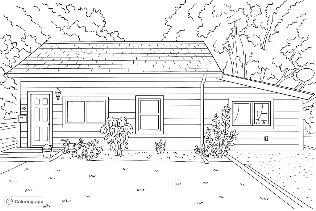 Color a delightful house with detailed siding, a welcoming porch, and lush garden elements. Perfect for all ages to personalize.