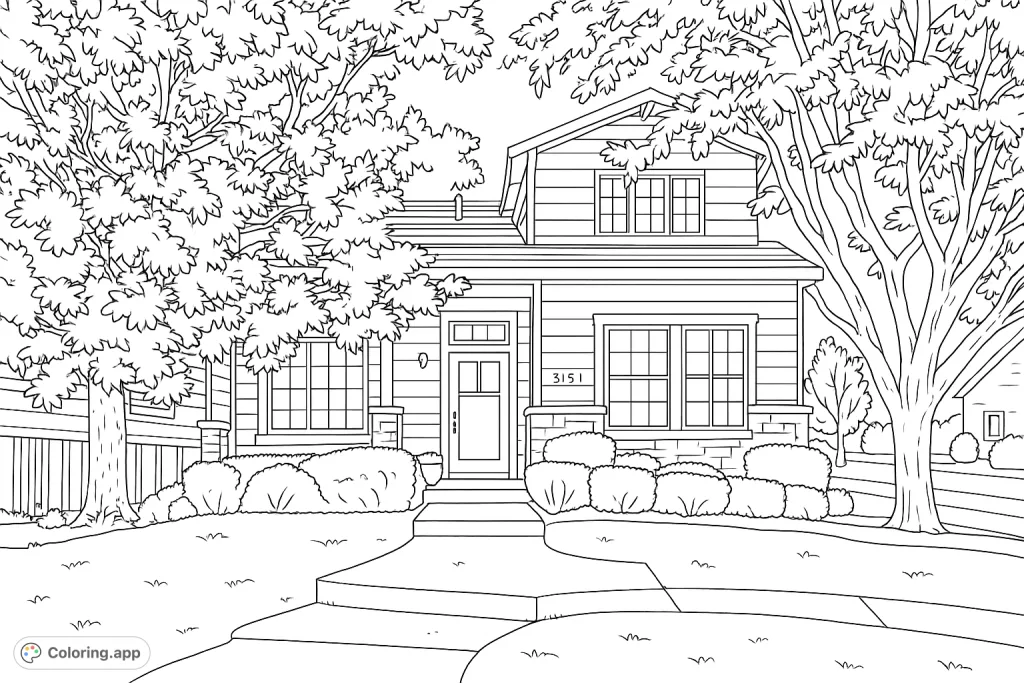 A charming two-story suburban house surrounded by lush trees and a manicured lawn, featuring intricate details for a relaxing coloring experience.