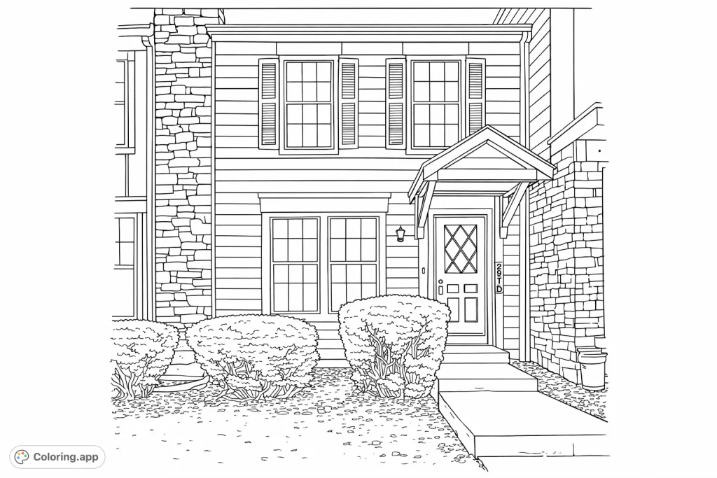 Explore a charming townhouse facade featuring detailed windows, stone accents, and inviting landscaping. Perfect for architectural enthusiasts and detailed colorists.