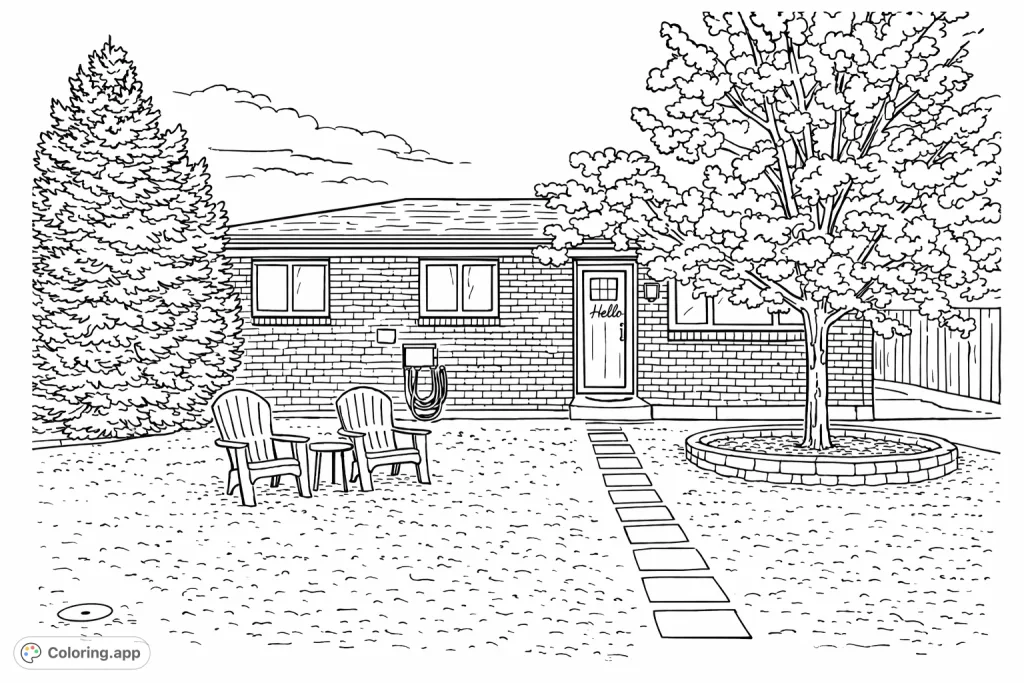Color a charming brick house with inviting Adirondack chairs, unique trees, and a pebbled yard, perfect for detailed architectural and landscape enthusiasts.