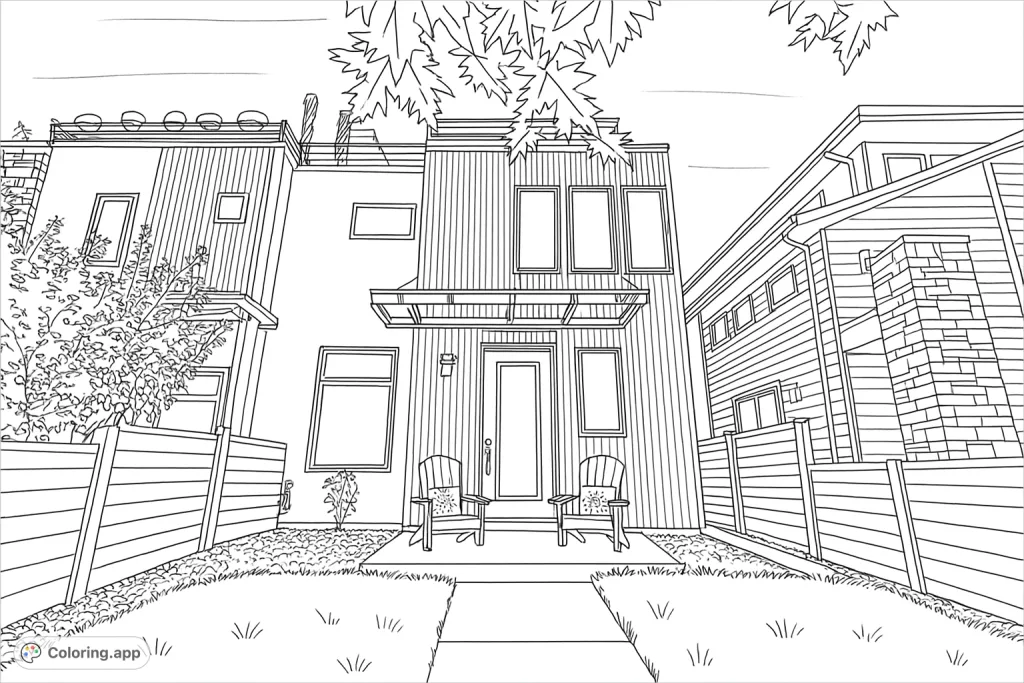 Explore a contemporary home with mixed materials, a welcoming porch, and detailed landscaping. A challenging modern architecture coloring page for enthusiasts.